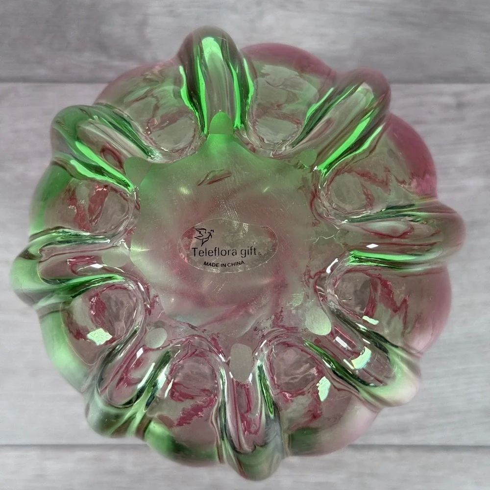 Teleflora Gift Art Glass Vase Swirl Ruffled Pink Green 8 Inch China